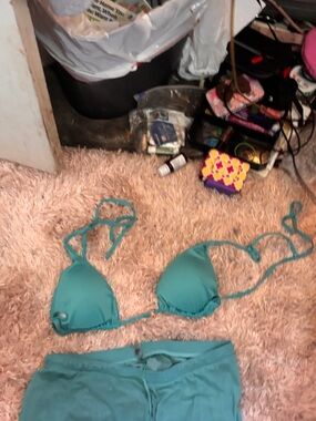Teal Triangle Bikini Top and Swim Bottoms see through - Women Swim